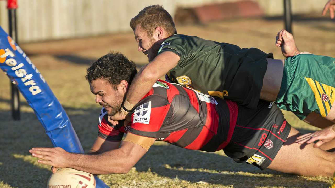 TRY TIME: Kalemb Hart scores for Valleys during their Madsen-Rasmussen Trophy clash with Wattles. The two TRL heavyweights will square off again on Sunday. Picture: Kevin Farmer