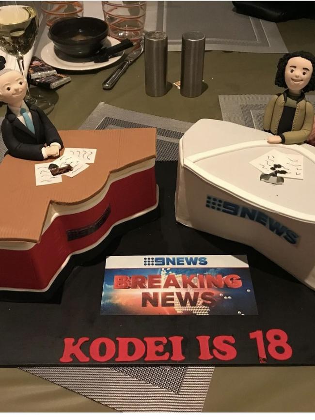 Kodei Mulchay's 18th birthday cake showing him as a Channel 9 newsreader opposite a cake fashioned in the shape of Peter Hitchener at the Channel 9 newsdesk. Picture: Supplied