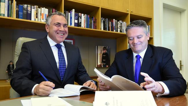 Joe Hockey and Mathias Corrman preparing to deliver the Budget in 2014