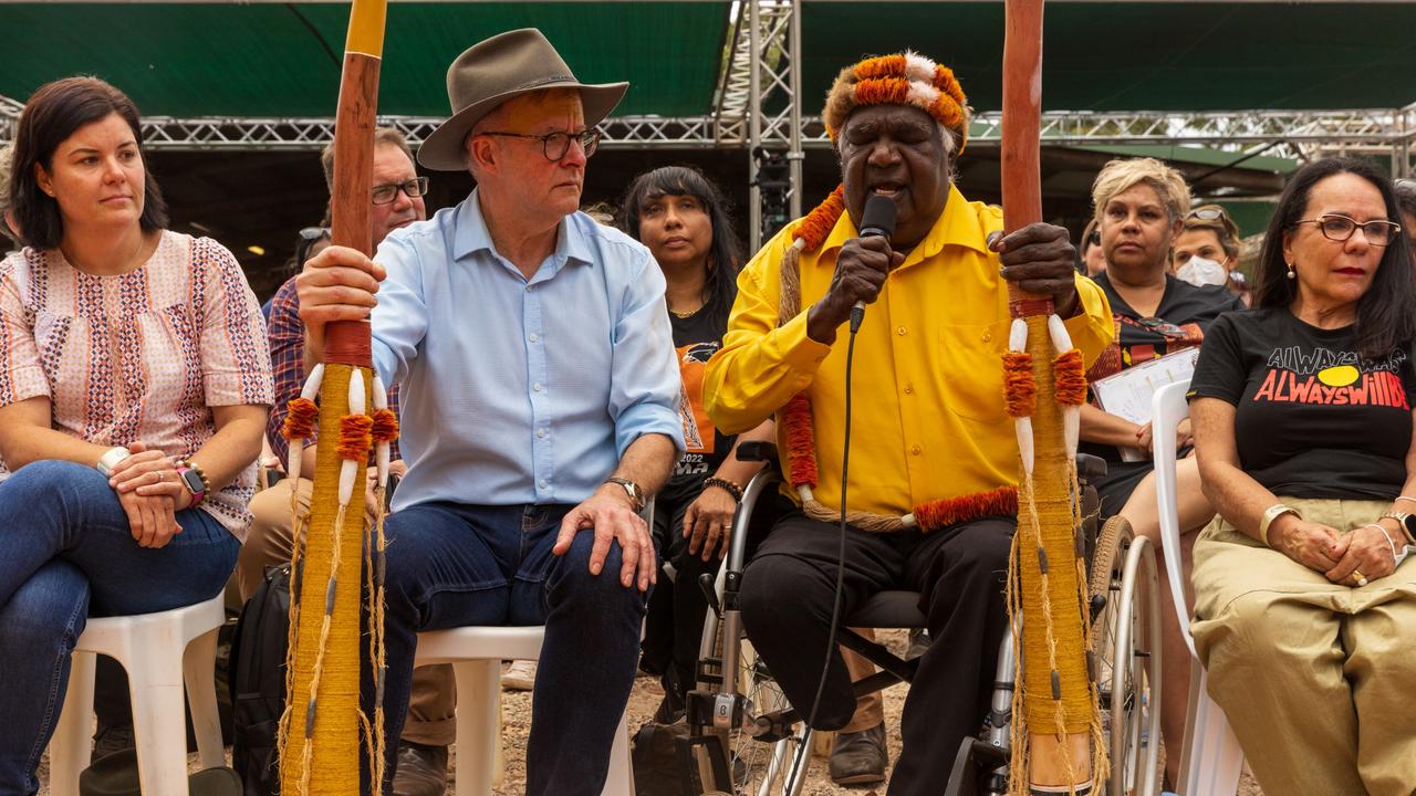 Prime Minister Anthony Albanese and Galarrwuy Yunupingu during the Garma Festival 2022 at Gulkula. Picture: Tamati Smith/Getty Images