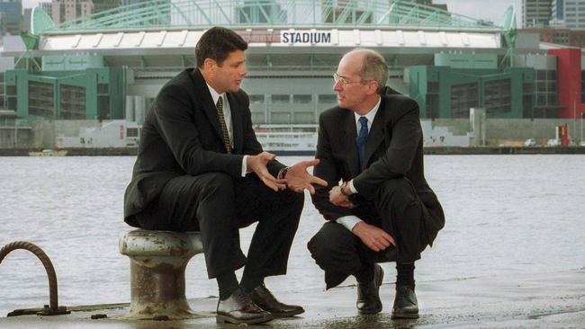 Premier Steve Bracks sits with Lend Lease managing director David Higgins, who won the billion dollar bid for Docklands developments in 2001. Picture: HWT Library.