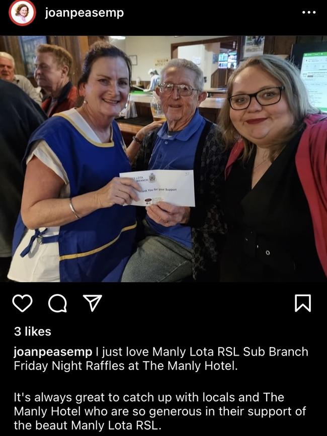 Labor MP for Lytton Joan Pease and new Labor councillor for Wynnum-Manly Sara Whitmee at the Manly Hotel. Picture: Instagram