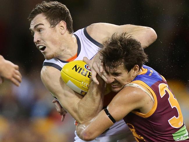 Sam Mayes tackles Giants forward Jeremy Cameron last week. Picture: Getty Images