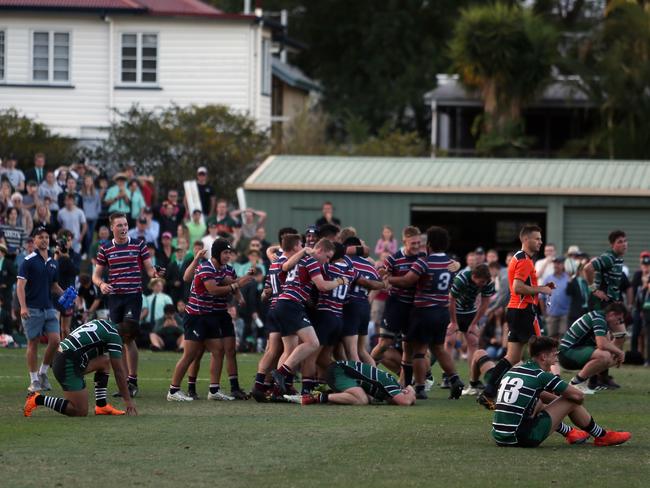 TSS players celebrate after beating BBC. Picture: AAP Image/Richard Waugh