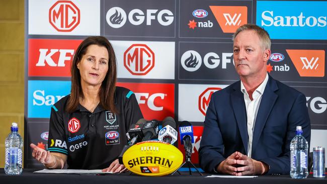 Juliet Haslam, Port’s head of the AFLW team, with Port Adelaide chief executive Matthew Richardson. Picture: Tom Huntley