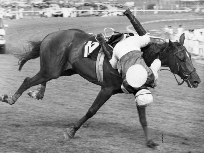 Kevin Wynne flies over the shoulder of Larkway during the Von Doussa Steeple at Oakbank in 1986.