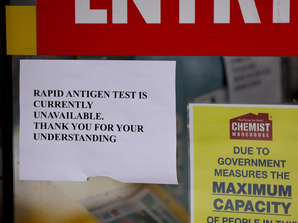 An ‘unavailable rapid antigen test’ sign outside the Chemist Warehouse in Rose Bay, NSW. Picture: NCA NewsWire / Damian Shaw