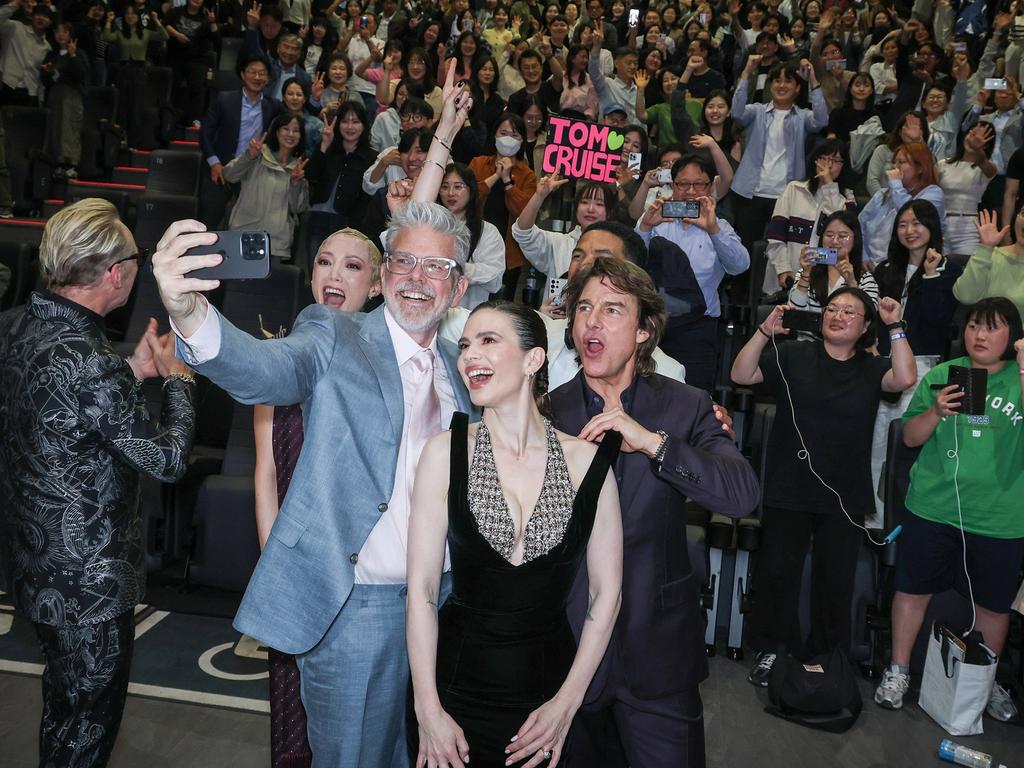 Cruise got a rock star welcome with co-stars Hayley Atwell, Simon Pegg, Pom Klementieff, Greg Tarzan Davis and director Christopher McQuarrie. Picture: Han Myung-Gu/Getty Images for Paramount