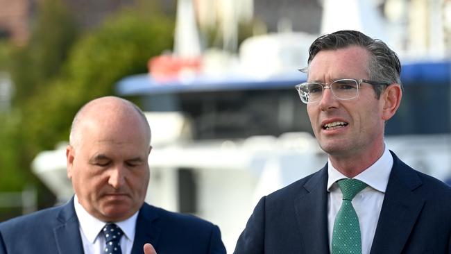 Premier Dominic Perrottet alongside Minister for Police and Emergency Services David Elliott in Sydney today. Picture: NCA NewsWire / Jeremy Piper