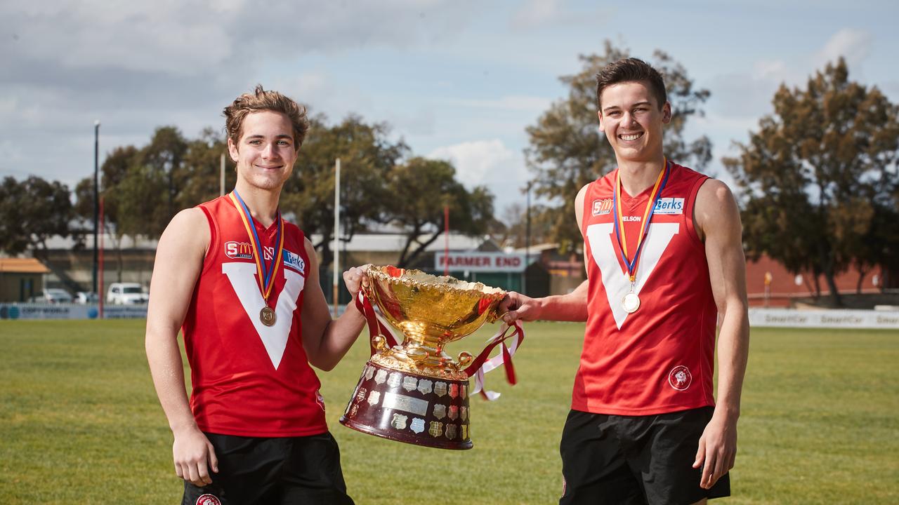 Boyd Woodcock and Connor Rozee with North Adelaide’s 2018 premiership cup. Picture: Matt Loxton