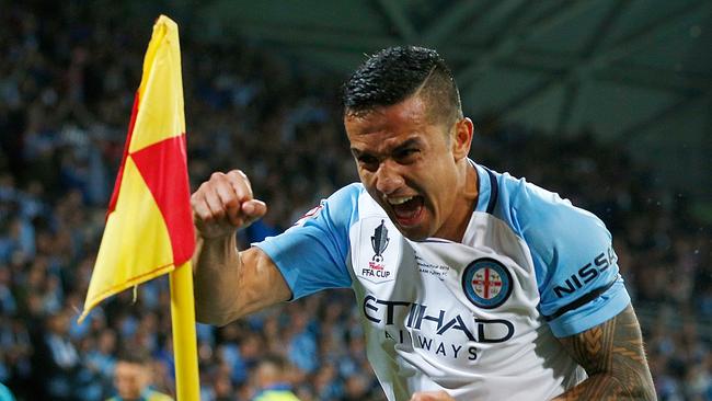 Tim Cahill of Melbourne City celebrates after kicking a goal during the FFA Cup Final