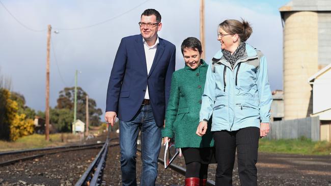 Cut-back: Premier Daniel Andrews at the $416m launch of the Murray Basin Rail Project in 2015, with then Regional Development Minister Jaala Pulford and Major Projects Minister Jacinta Allan. Picture: Andy Rogers