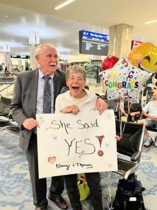 Thomas and Nancy got engaged in the Tampa International Airport after she landed in the airport. Picture: TikTok/@Jobuns_