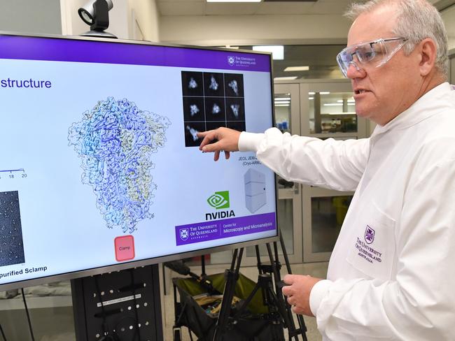 The Prime Minister toured University of Queensland to view the progress on research for a COVID-19 vaccine. Picture: Darren England