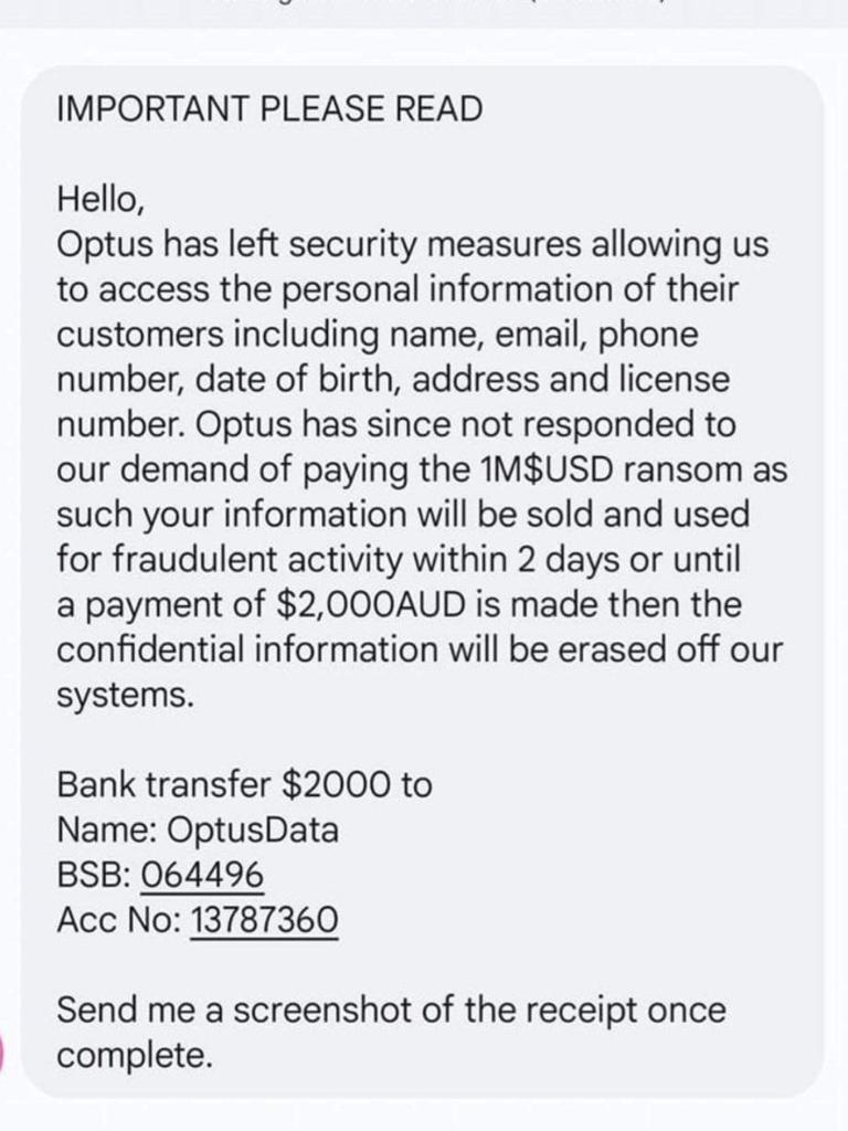 A screenshot of OPTUS scam text.