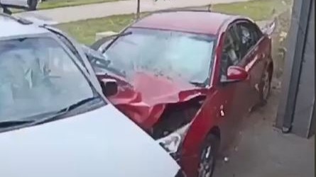 Shocking footage has captured the terrifying moment a young Werribee family dodged disaster after an out-of-control car ploughed into their SUV. Picture: Channel 7