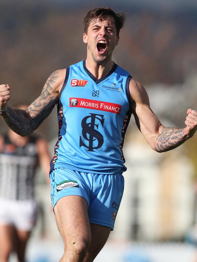 Jake Sutcliffe celebrates a goal for Sturt. Picture: Stephen Laffer