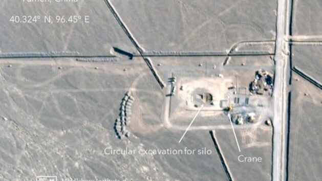 A satellite image showing a field of potentially 120 missile silos near the city of Yumen in the northwestern province of Gansu.