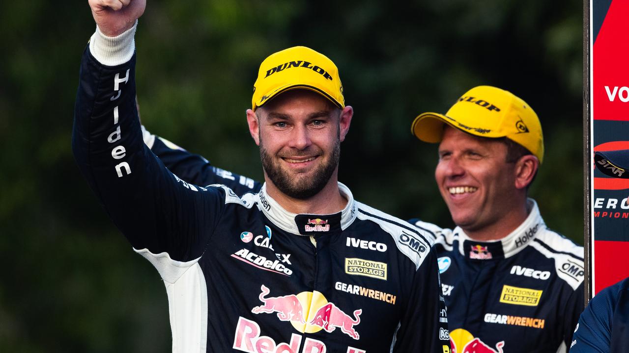 Shane van Gisbergen and Garth Tander celebrate on the Gold Coast podium. Picture: Daniel Kalisz