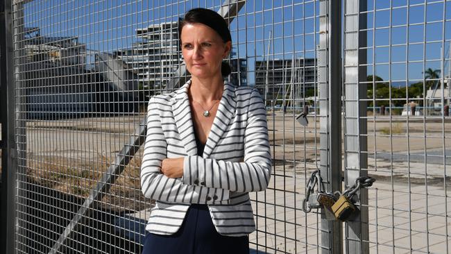 Townsville Enterprise CEO Claudia Brumme-Smith at the empty site of the proposed new aquarium in Flinders Street. Picture: Evan Morgan