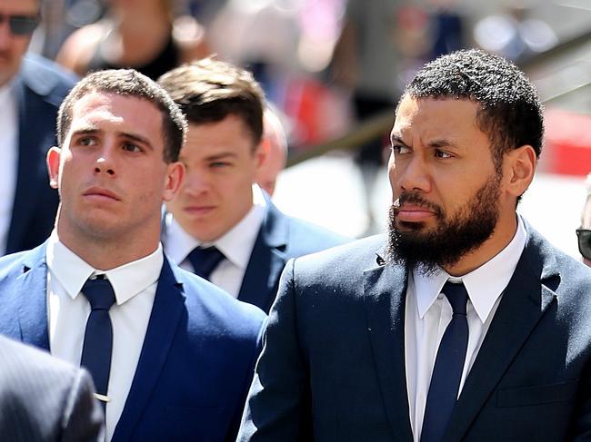 Asipeli Fine and Adam Elliott  leave  the Downing centre during a break  .picture John Grainger