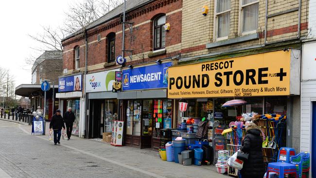 EM9FJ0 Prescot.Merseyside. Town Centre Photos March 2015.Prescot is a town and civil parish within the Metropolitan Borough of Knowsley in Merseyside, England. Historically part of Lancashire, it lies approximately eight miles to the east of Liverpool city centre