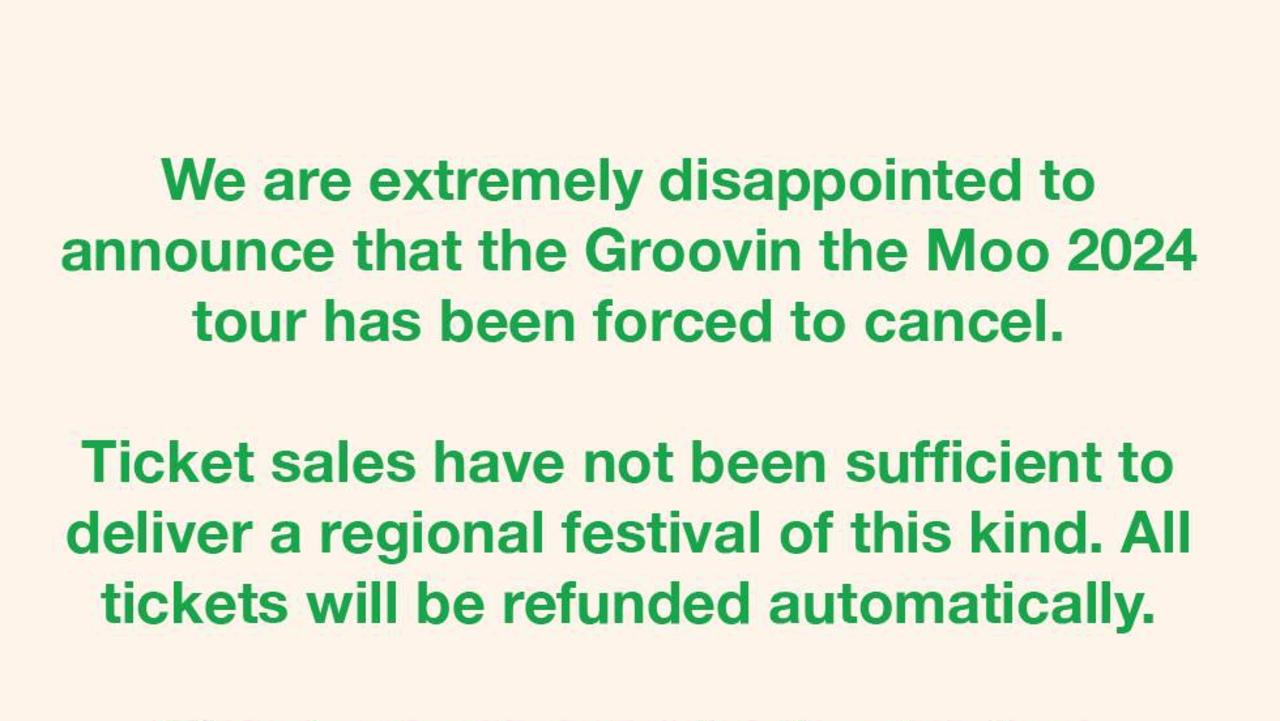 Groovin the Moo Festival organisers shared the heartbreaking news on Instagram after emailing ticket holders. Picture from Instagram.