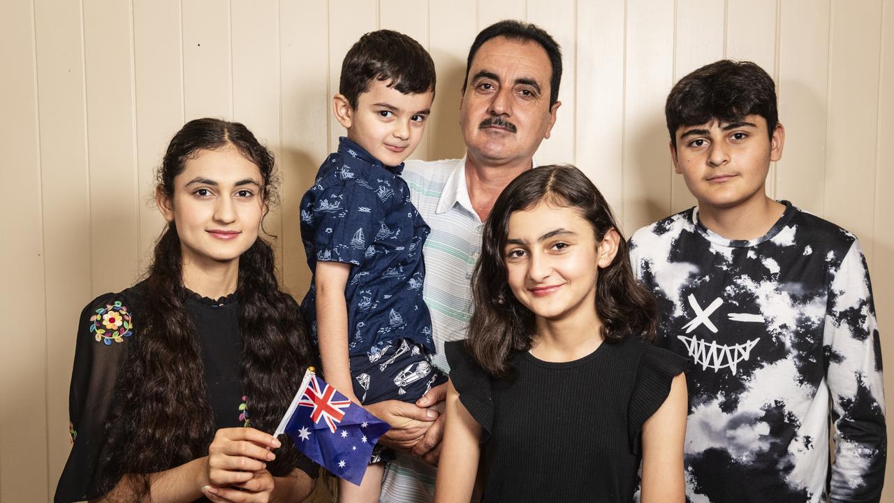 Set to become Australian citizens are (from left) Hind Krtan, Dilman Krtan, Omer Hasam, Haneya Krtan and Karam Krtan, Tuesday, January 23, 2024. Picture: Kevin Farmer