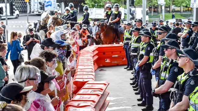 Protesters and police square off at the IMARC protest. Picture: Jake Nowakowski