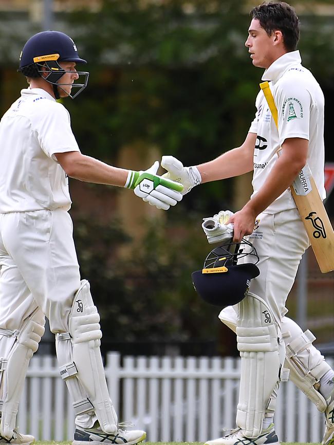 Bryce Street and teammate Angus Lovell celebrate a partnership against Ipswich. Picture: John Gass