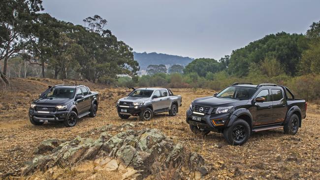 Tough utes compared: Ford Ranger Wildtrak X v Toyota HiLux Rugged X v Nissan Navara N-Trek Warrior. Photos: Mark Bean.