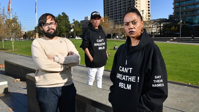 Protest organisers from the Adelaide Campaign against Racism and Fascism and SOS Blak SA Action Group Ahmed Azhar, Natasha Wanganeen and Janette Milera. Picture: Keryn Stevens