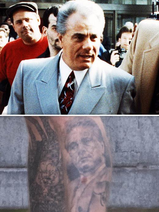 The tattoo on Meehan’s calf bears a striking resemblance to US mafia don John Gotti.