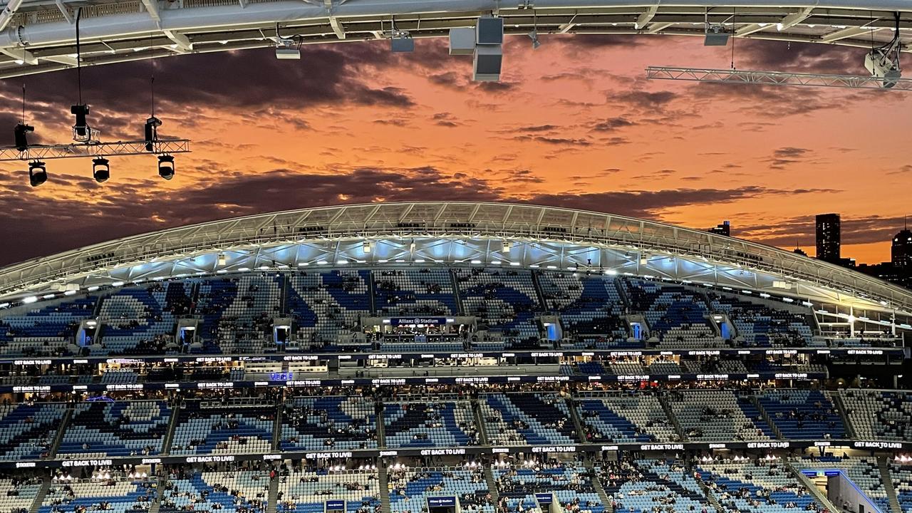 The sun sets over the new Allianz Stadium at Moore Park on the night of the official opening, ahead of performances by Baker Boy and Guy Sebastian. Picture: Maggie Burke