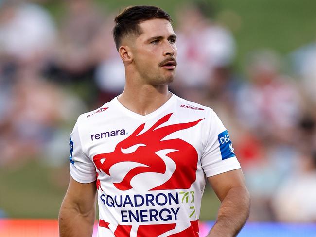 WOLLONGONG, AUSTRALIA - APRIL 11: Lachlan Ilias of the Dragons warms up prior to the round six NRL match between St George Illawarra Dragons and Gold Coast Titans at WIN Stadium, on April 11, 2025, in Wollongong, Australia. (Photo by Brendon Thorne/Getty Images)