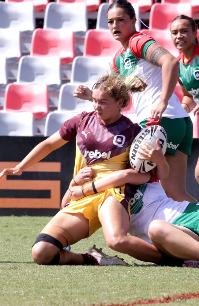 Country player no.3 Charlotte McLean with the ball, Playing in the girlsÃ• City v Country representative league, match open the match-day program, Stones Corner- on April 16th 2025 - Photo Steve Pohlner