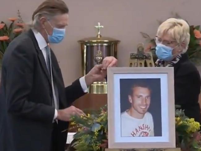 Screen grabs from NINENEWS of Shane Tuck funeral. Michael and Katherine