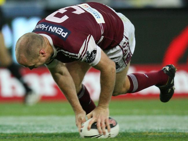 Try Time: Centre Steven Bell crosses for Manly’s eighth and final try.