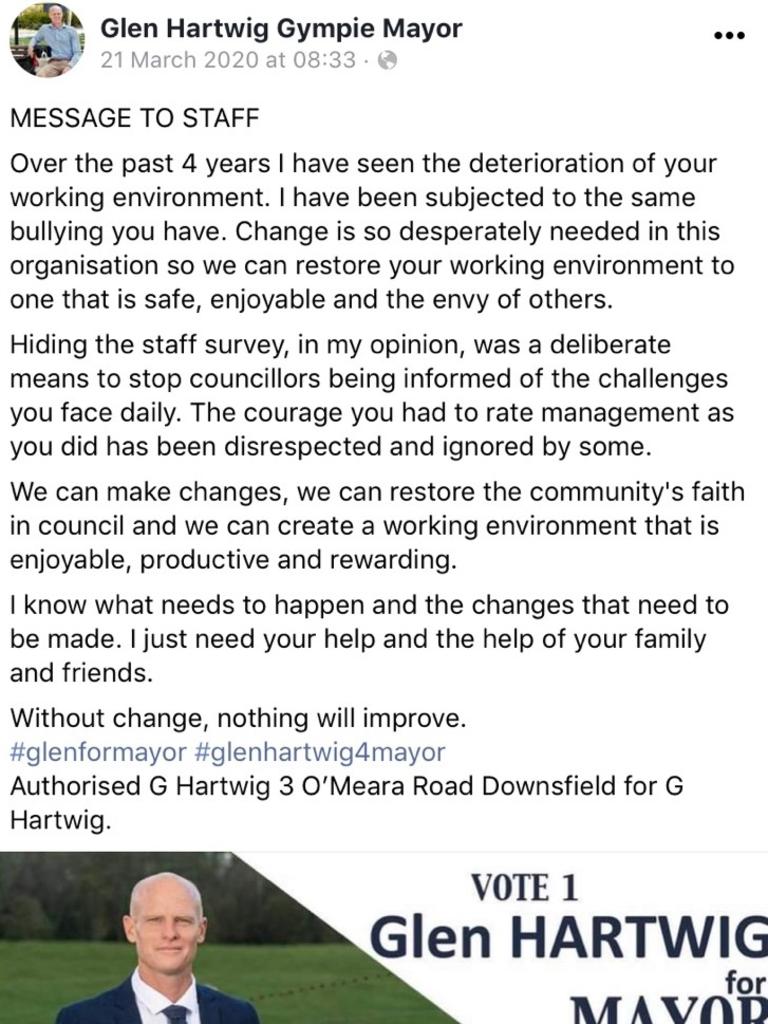 Facebook post by Mayor Glen Hartwig ahead of 2020 election, talking about need to fix council internal culture. A new staff survey has revealed it has only gotten worse.