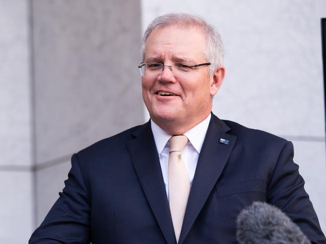 CANBERRA, AUSTRALIA - MAY 08: Prime Minister Scott Morrison speaks during a press conference following a National Cabinet meeting on May 8, 2020 in Canberra, Australia. Prime Minister Scott Morrison has outline a new plan agreed to by the National Cabinet to start easing restrictions imposed in response to the COVID-19 pandemic. The three-step plan aims to deliver a 