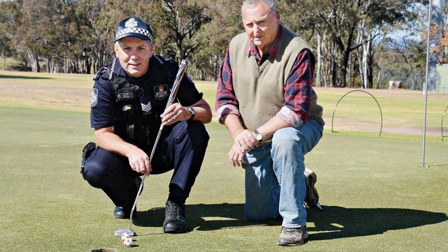 ALL WELCOME: Sergeant Shane Reid and Warwick Sporters Golf Club president Keith Farrell want more players for the Warwick Police Legacy Golf Day on Wednesday. Picture: Gerard Walsh