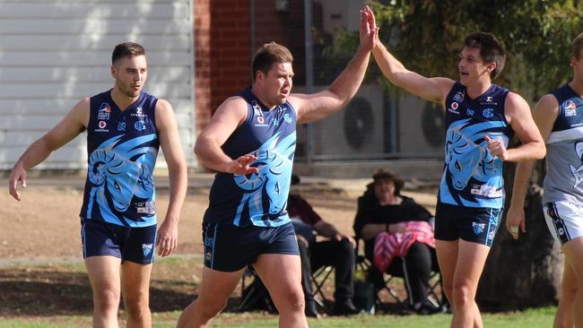 Glenunga's Michael Wundke celebrates one of his four goals in the Ram's big win over Henley on Saturday. Picture: Max Stapleton