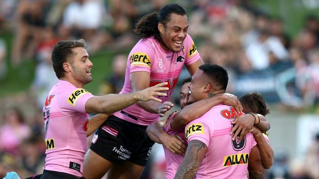 The Panthers celebrate Spencer Leniu’s try against the Dragons. Picture: Jason McCawley/Getty Images