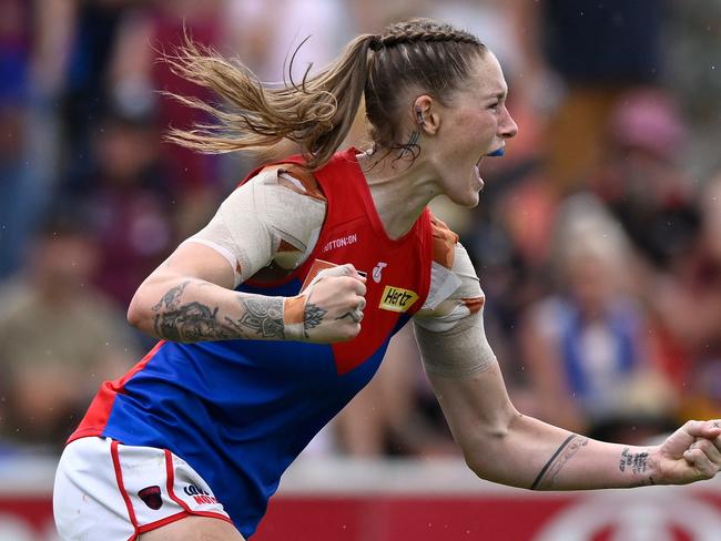 BRISBANE, AUSTRALIA - NOVEMBER 27: Tayla Harris of the Demons celebrates kicking a goal during the AFLW Grand Final match between the Brisbane Lions and the Melbourne Demons at Brighton Homes Arena on November 27, 2022 in Brisbane, Australia. (Photo by Matt Roberts/AFL Photos/Getty Images)