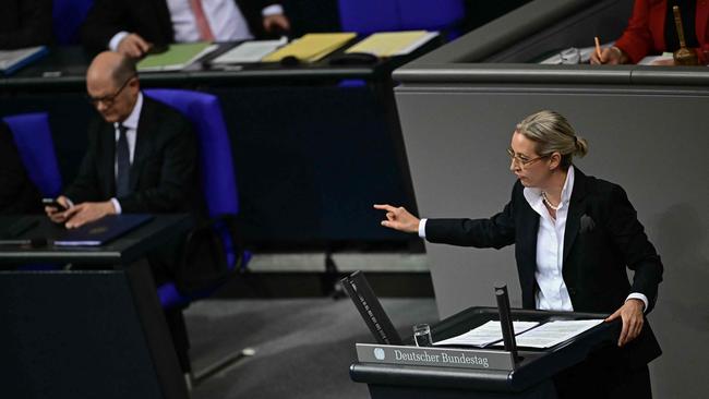 Alice Weidel, co-leader of the AfD, spoke in the German parliament on December 16 as Chancellor Olaf Scholz looked on. Picture: AFP