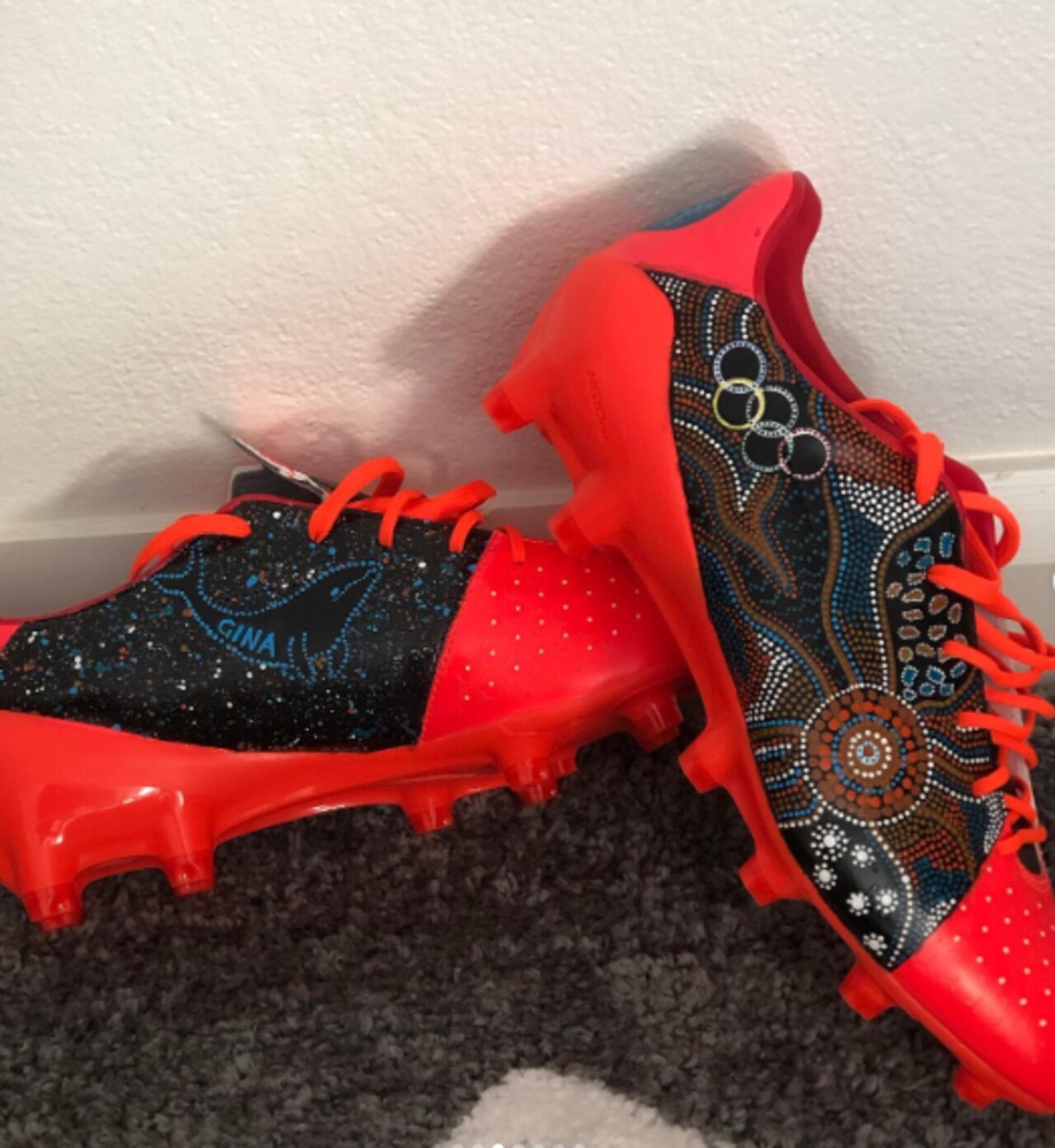 Rugby 7s star Maurice Longbottom footy boots he’ll wear in Paris.