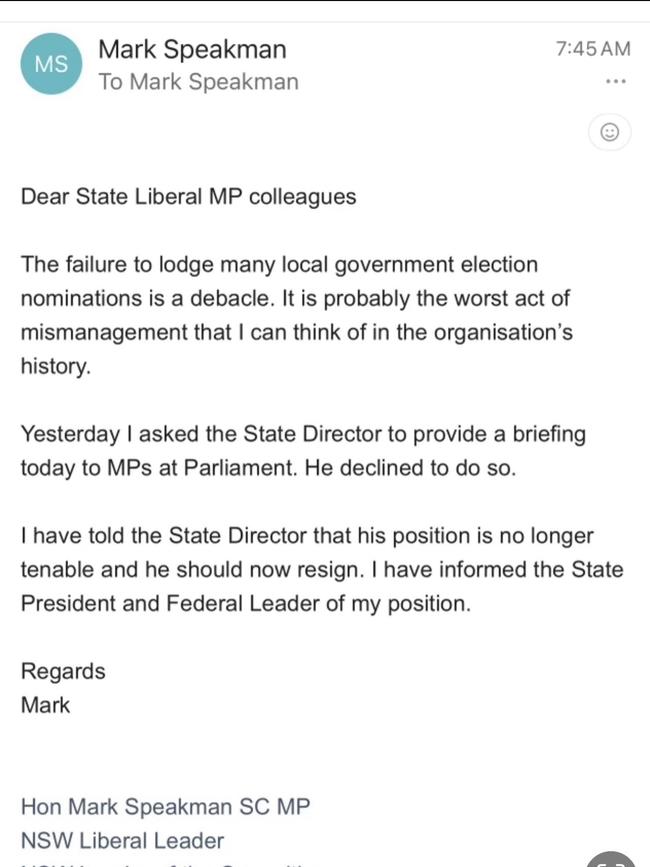 Mark Speakman’s letter to State Liberal MP colleagues