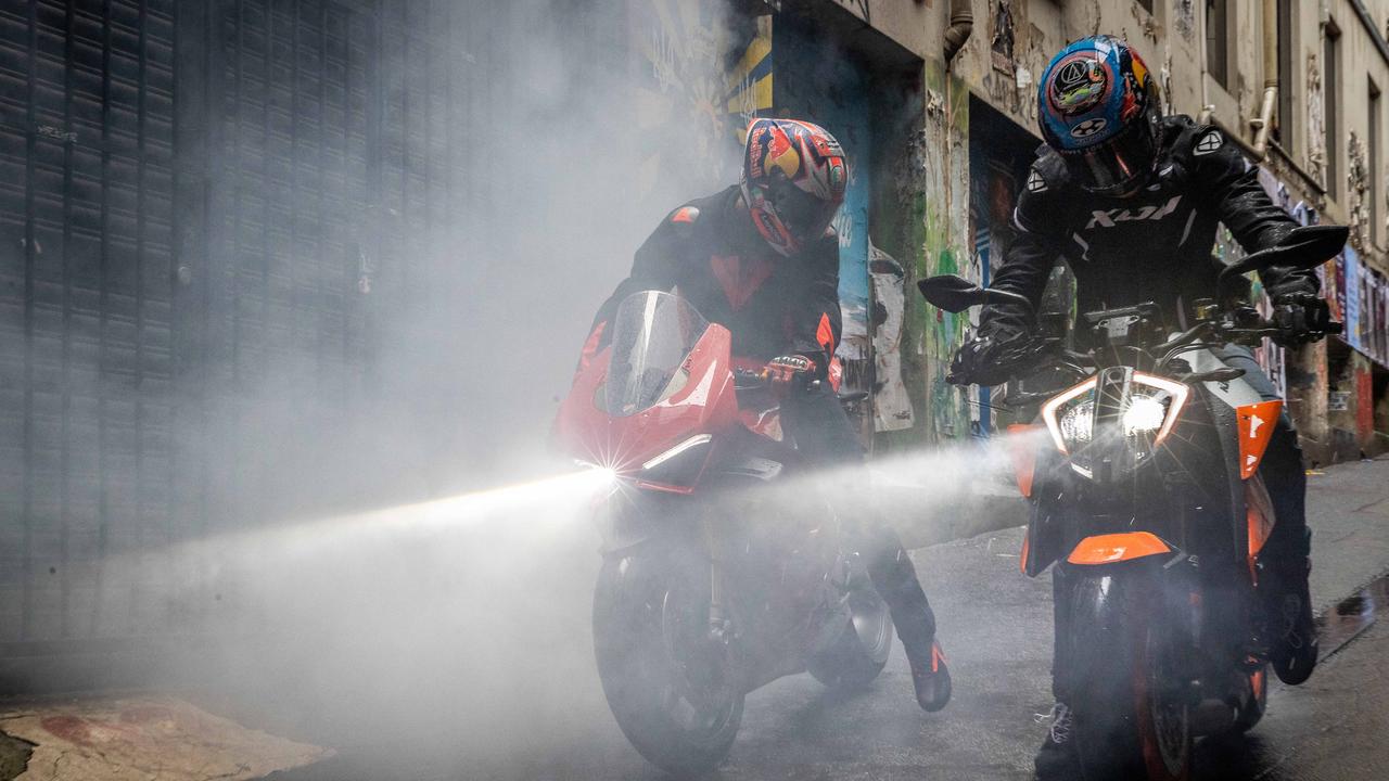 The burnout was part of the Australian MotoGP promotion event. Picture: Jake Nowakowski