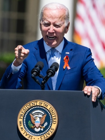 US President Joe Biden was heckled by a member of the crowd during an address about gun violence and needing to ban assault weapons. Picture: Tom Williams/CQ-Roll Call, Inc via Getty