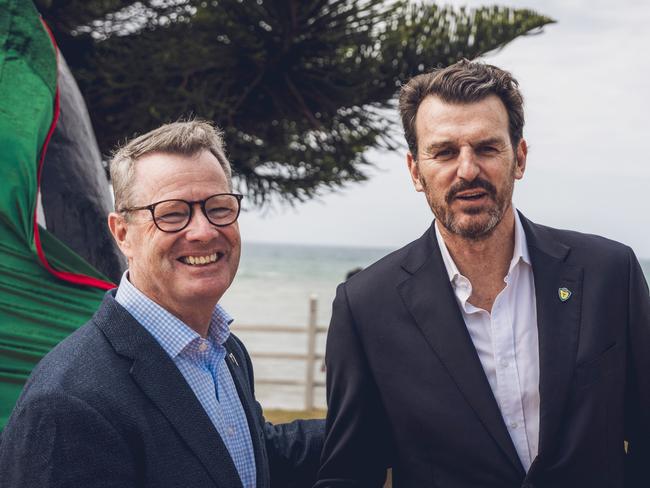 Grant O'Brien Chair Tasmania Football Club with Brendon Gale.  Brendon Gale is welcomed as inaugural CEO of Tasmania Football Club in Penguin Tasmania.  Picture: Tasmania Football Club